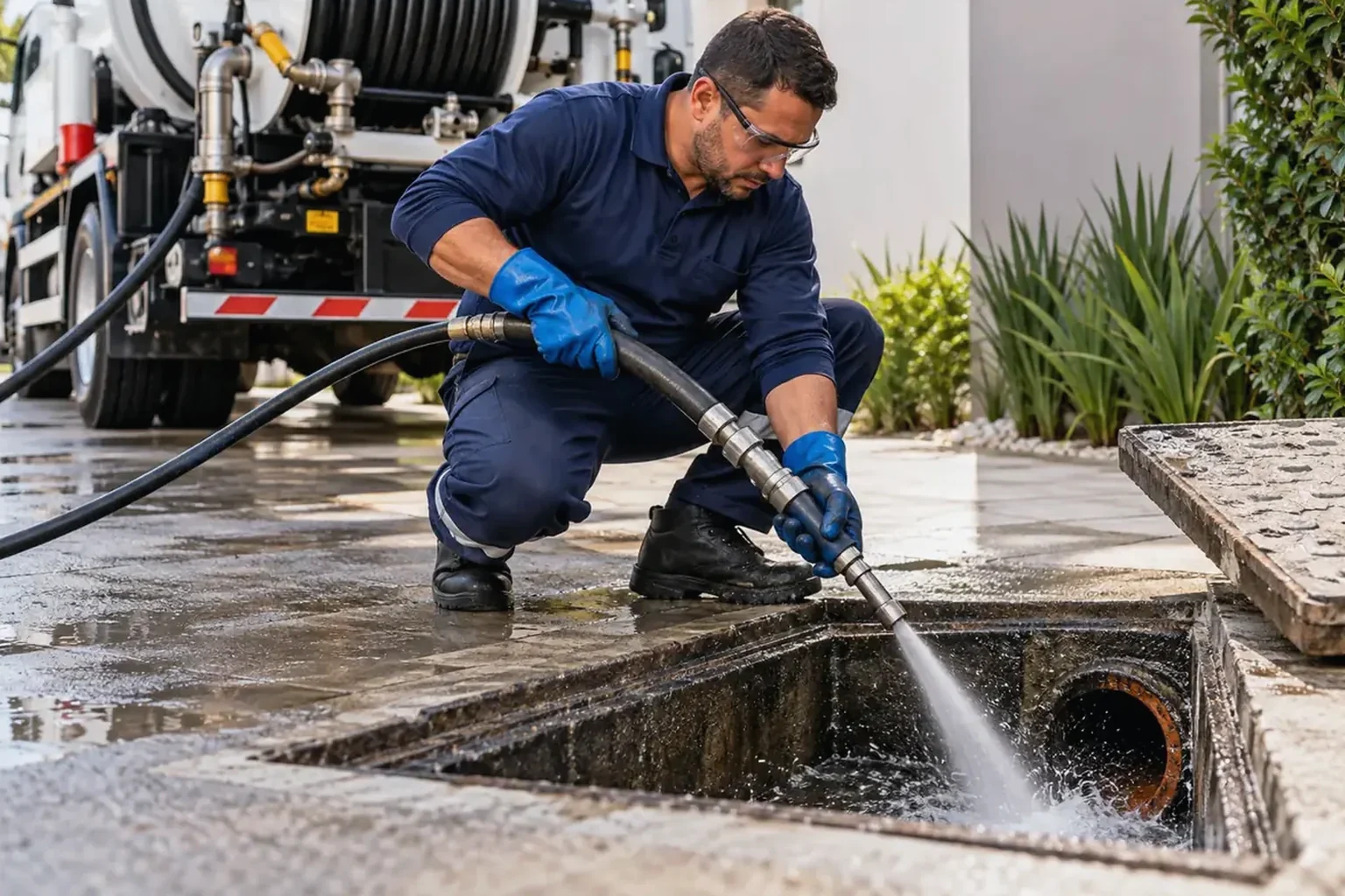 Equipamento de hidrojateamento operando em tubulação.