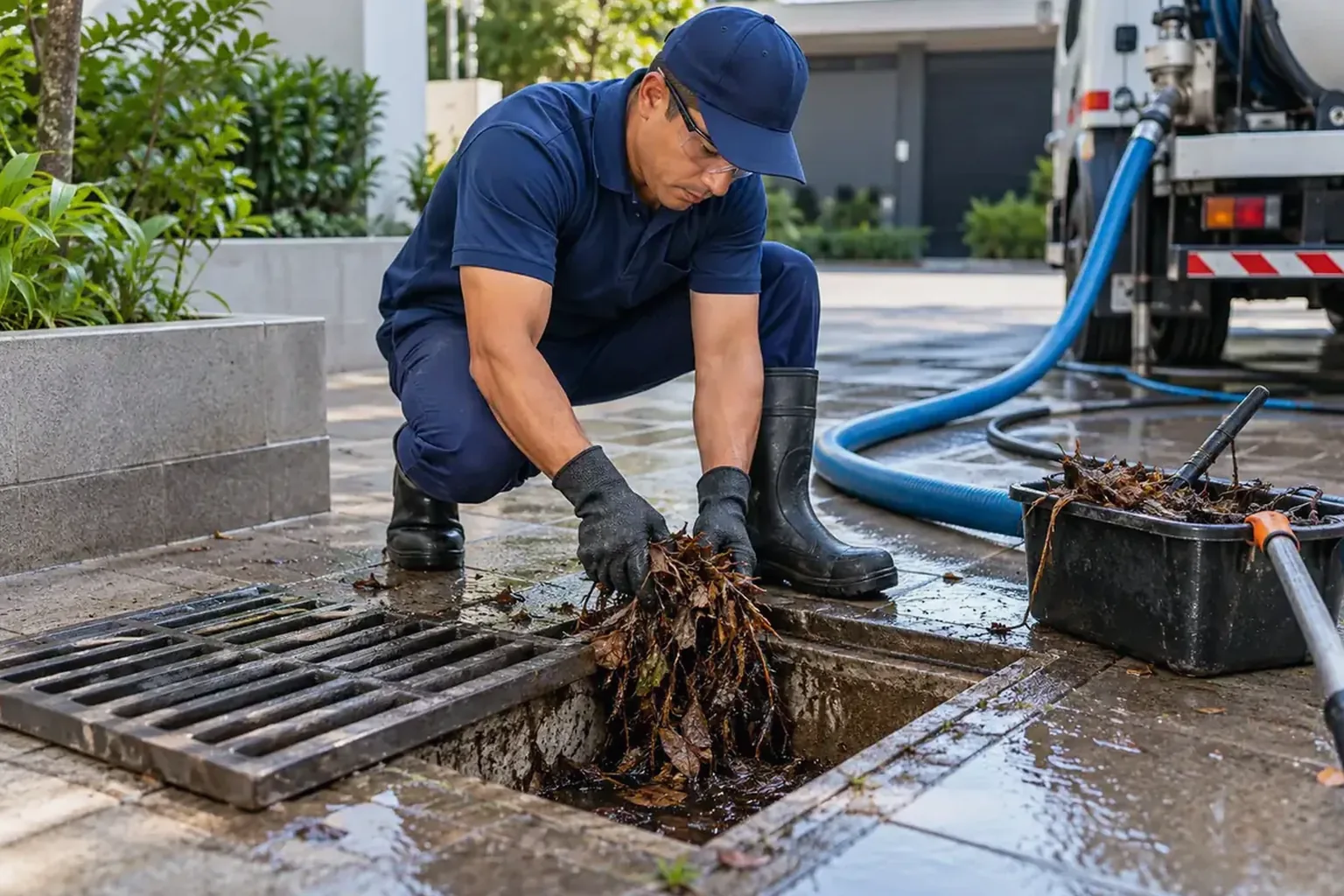 Equipe técnica desobstruindo rede pluvial em área urbana.