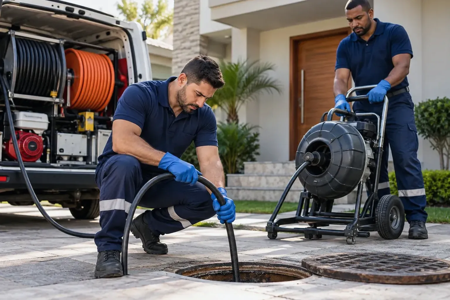 Profissional desobstruindo uma pia em ambiente residencial.