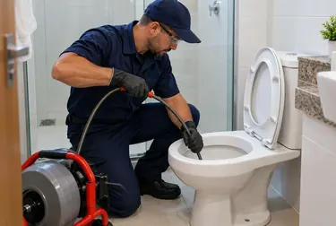 Profissional trabalhando para desobstruir um vaso sanitário.