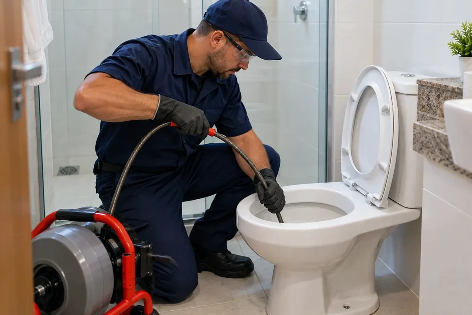 Profissional trabalhando para desobstruir um vaso sanitário.