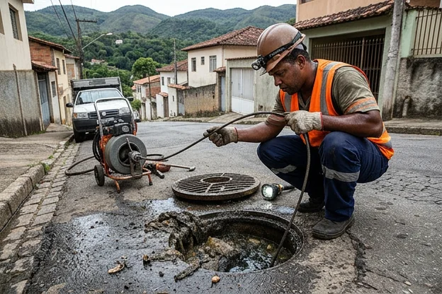 Técnico analisando problemas em um sistema de esgoto.