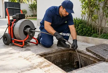 Técnico desobstruindo esgoto em área externa.