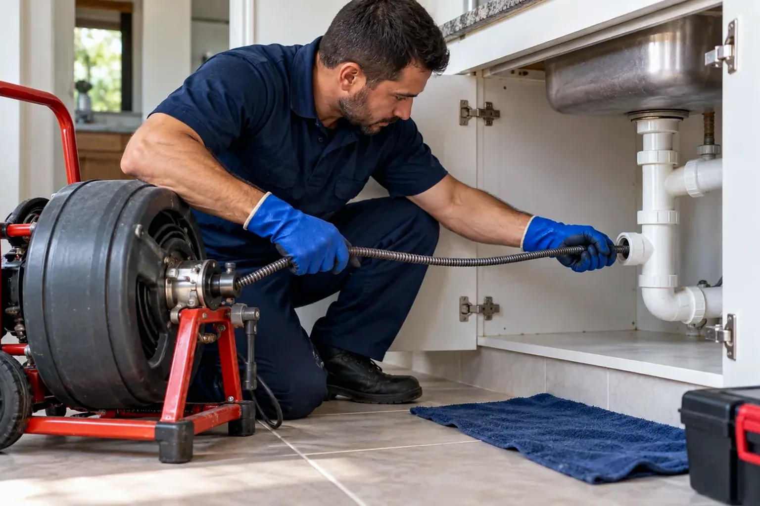 Técnico desobstruindo tubulações de água em uma casa.