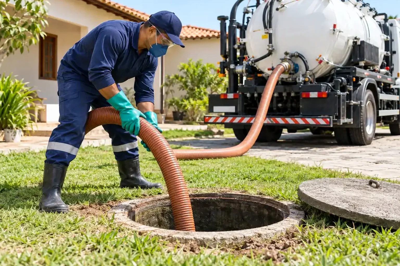 Técnico desobstruindo uma fossa séptica em área residencial.