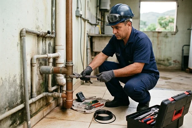 Técnico inspecionando tubulações para evitar entupimentos.