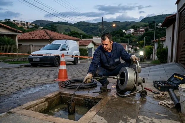 Técnico prestando atendimento emergencial para desentupir tubulações.