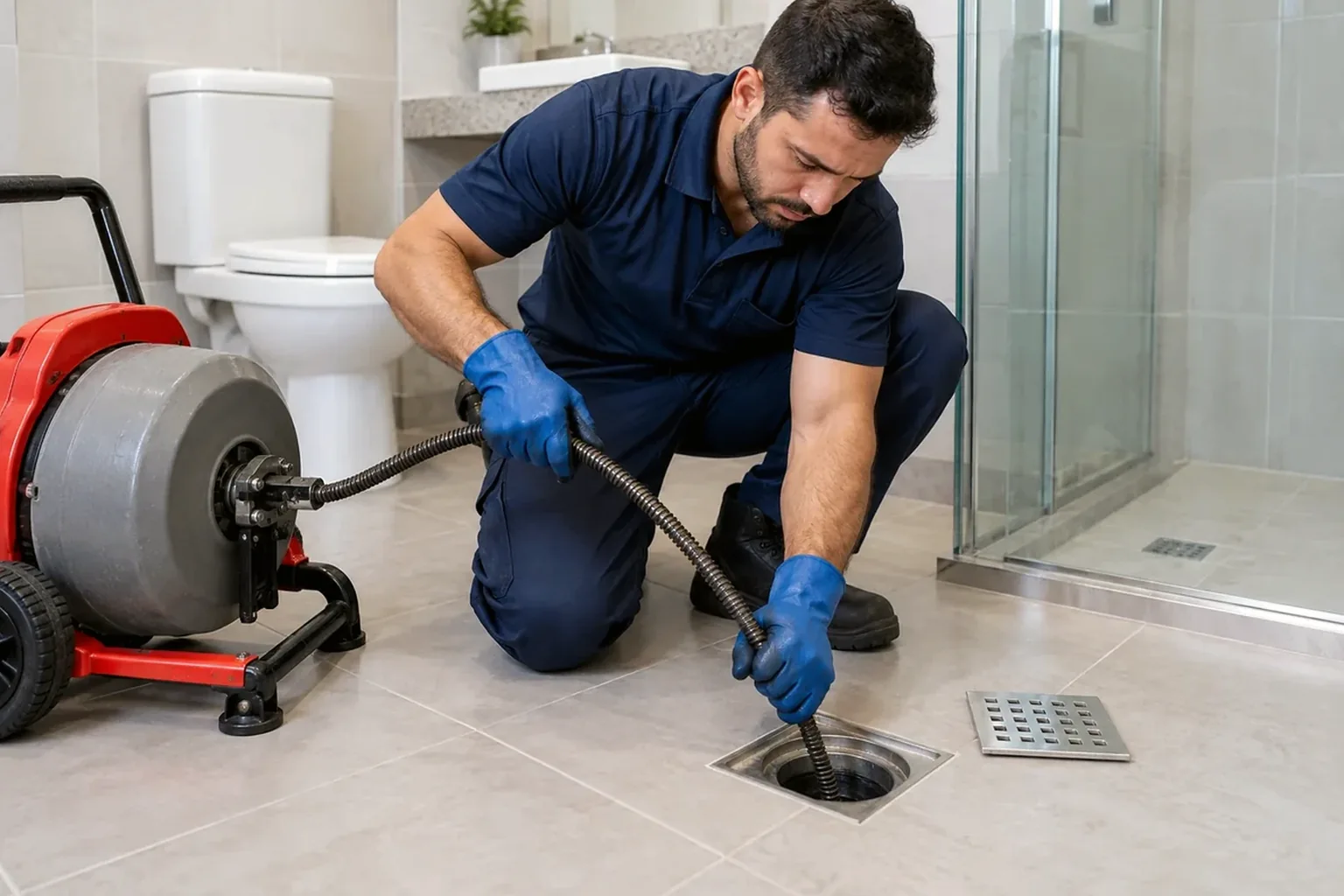 Técnico realizando desentupimento de ralo em um banheiro.
