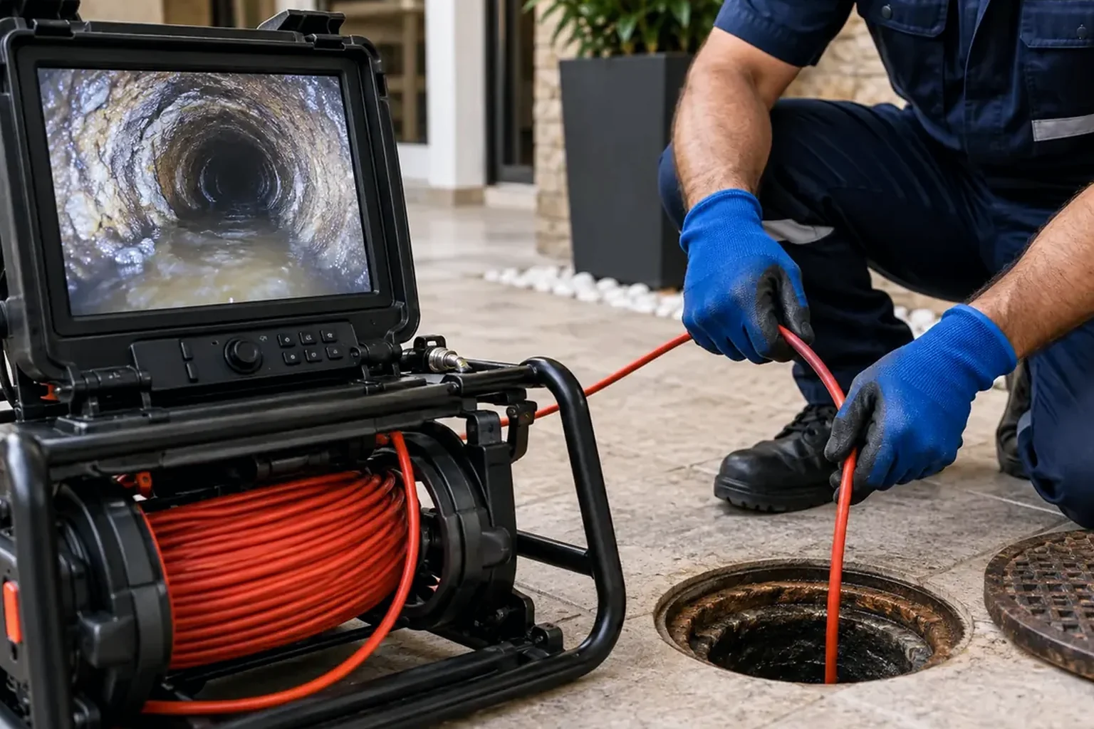 Técnico utilizando câmera para inspecionar tubulações.