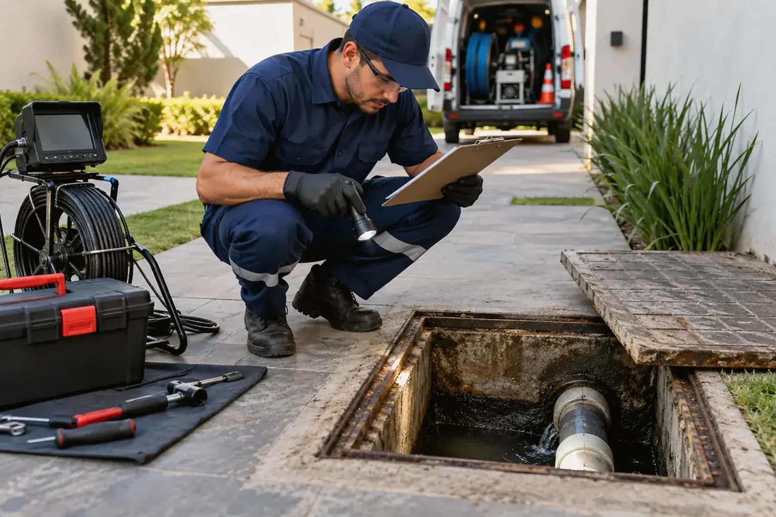 Técnico verificando sistema de esgoto em área residencial.